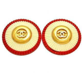 Authentic Vintage Chanel Earrings Cc Logo White Red Plastic Round Ea1724