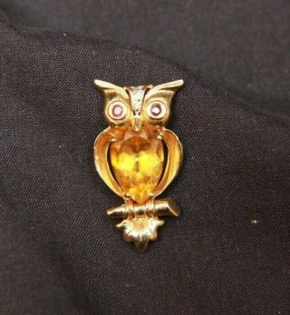 Vintage 14k Yellow Gold Signed Owl Pendant Ruby Yellow Gemstone Jewelry 4.  0 Gram