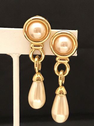 Vintage Earrings Signed Givenchy Gold Tone Pierced Estate Jewelry Faux Pearl 9b