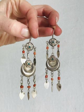 Vintage Uzbek Bukhara Silver Earrings With Coral,  Turquoise.  Romantic Beauties