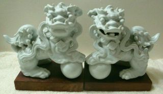 Pair Vintage White Porcelain Foo Dogs Sculpture Statues Bookends 7 " (high) X 7 "