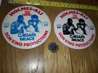 2 X Vintage 1980s Boxer Muhammad Ali V Larry Holmes Boxing Pin Pinback Badge