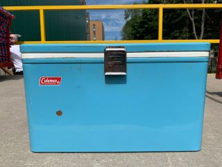 Vintage - Coleman " Turquoise Blue " Metal Cooler With Chrome Latch & Handles Tray