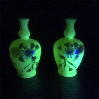 Vintage Vaseline Glass Bud Vases 5 1/2 " - Hand Painted - Absolutely Beautuful