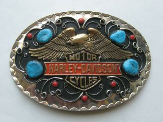 Big Vintage 70s Baron Harley Davidson Motorcycles Turquoise Eagle Belt Buckle