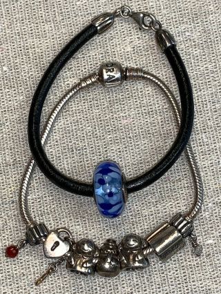 2 Vintage Pandora Bracelets - One With 7 Charms,  One With Blue Glass Bead