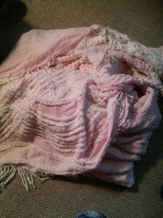 015 Vintage Pink & White Chenille Blanket Fringe Edges Bedspread 93x84 Daisy?