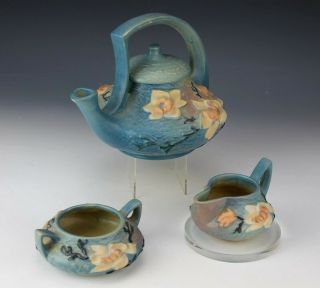 Vintage Roseville Usa 4 Blue Magnolia Art Pottery Teapot Creamer Sugar Nr Rlc