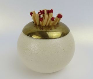 Vtg Round Cream Colored Ceramic Wardle With Brass Rim Match Striker Holder