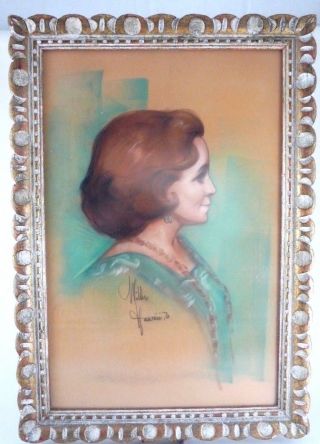 1970 Chalk Pastel Portrait Redhead Woman - Miller Hawaii Vtg Gilt Wood Frame