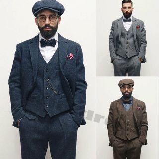 Mens Fashion 3 Piece Tweed Suit Business Groom Vest Pant Coat Wool Vintage Suits