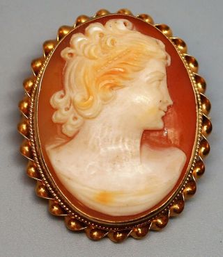 Vintage 14k Yellow Gold Cameo Brooch Pin Or Pendant,  Signed 14k,  6.  3 Grams