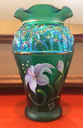 Vtg Fenton Teal Vase Iridescent Carnival Glass Hand Painted Flowers By Amy Brock
