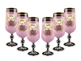 Bohemian Crystal Colored Glasses,  6 - Pc Vintage Pink Champagne Stem Flutes