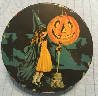 Vintage Halloween Tendeco Witch Candy Tin With Jol Broom Large