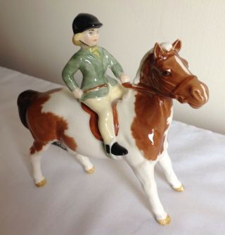 Vintage Beswick Pottery Green Coat Girl Rider On Standing Pinto Horse