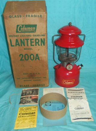 Vintage Coleman Red 200a Gas Lantern Dated 12/55 With Box & Papers