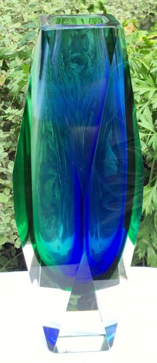 Vintage Murano Sommerso Faceted Blue Green Art Glass Vase Mid Century Italian