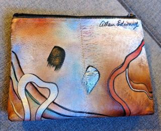 Allan Edward Hand Painted Signed Vintage Leather Clutch Abstract Modern Metallic