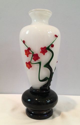 Vintage Art Glass Asian Style Vase With White Green Red And Black Glass