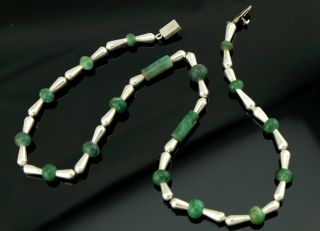 Vtg Sterling Silver Taxco Modernist Green Onyx Geometric Bead Necklace