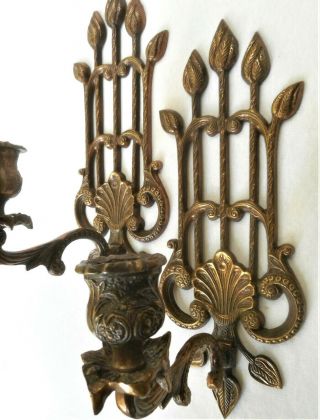 Ornate Vintage Antique Leaf Brass Wall Art Hanging Candle Holder Sconce Pair Set