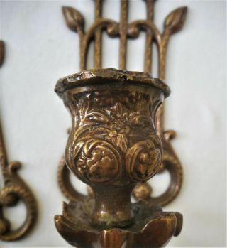 Ornate Vintage Antique Leaf Brass Wall Art Hanging Candle Holder Sconce Pair Set 3