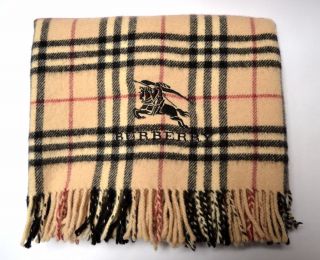 Burberry Small Blanket Pram Nova Check Pure Wool Beige Fringe Vintage Throw