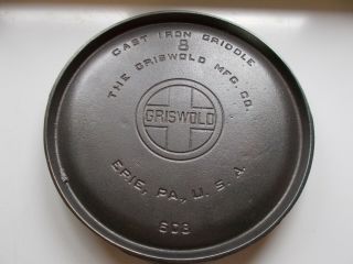 Vintage Griswold Cast Iron Griddle Skillet No 8 Round Handle Large Logo Block