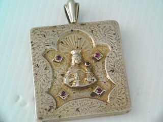 Antique Lg Sterling & 18k Gold Religious Russian Icon Pendant W Rubies 74 Grams