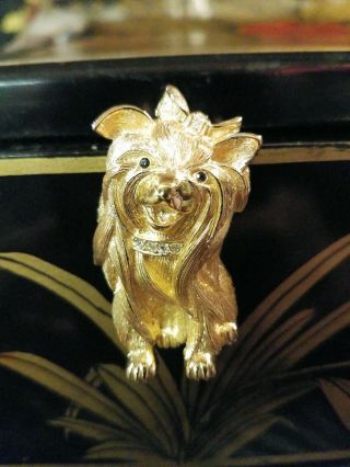 Vintage Christian Dior Yorkshire Yorkie Terrier Dog Gold Tone Rhinestone Brooch
