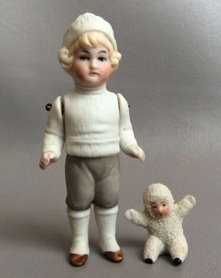 Antique German Bisque Hertwig Snowbaby Boy Molded Winter Clothes &miniature Xmas