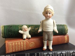 Antique German Bisque Hertwig Snowbaby Boy Molded Winter Clothes &Miniature Xmas 2