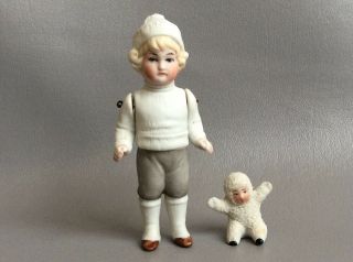 Antique German Bisque Hertwig Snowbaby Boy Molded Winter Clothes &Miniature Xmas 3
