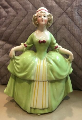 Antique German Porcelain Dresser Doll Trinket Box Victorian Lady 7.  5” Tall