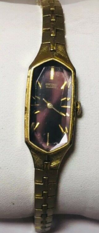 Vtg Women Seiko Watch 1320 - 533hr Gold Plated Band W Chain Brown Face Beveled Cry