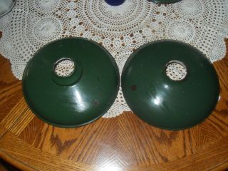 2 Vintage 10 " Green & White Porcelain Enamel Light Fixtures,  Gas Pumps,  Industrial