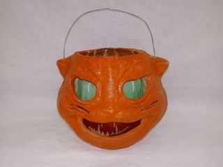 Rare 1930/40 Orange Paper Mache Cat Jack O Lantern Halloween