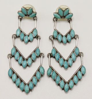 Vintage Zuni Native American Sterling Silver Turquoise Chandelier Drop Earrings
