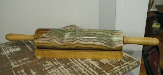 Vtg Pretty Lace Agate 10 " Large Baking Rolling Pin With Wooden Handles And Stand