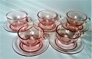 Vintage Pink Elegant Depression Glass Cup And Saucer Teacup Set - 5 In Set