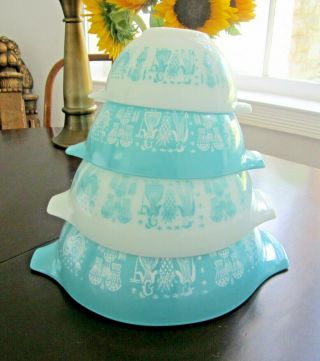 Vtg Pyrex Amish Butterprint Blue Nesting Cinderella 4 Piece Mixing Bowl Set