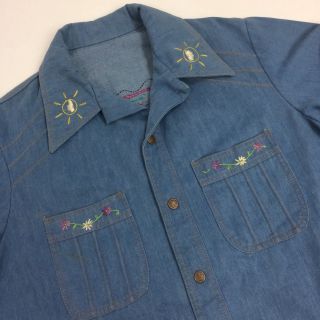 Vtg 70 ' s Sears MoD Hand EMBROIDERED HiPpIe Western AMERICANA Jacket DENIM Shirt 2