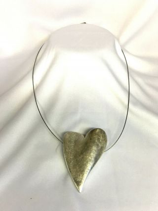 Heavy Modernistic Love Heart Drop Sterling Silver Pendant Necklace Signed