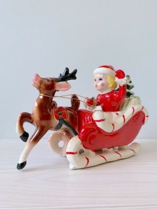 Vtg Kreiss Japan Girl In Sleigh Reindeer Deer Christmas Figure