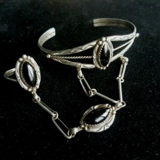Vintage Navajo Slave Bracelet Set Sterling Silver Black Onyx Signed D