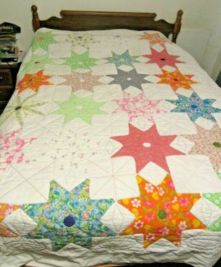 Vintage Handmade Star Flower Quilt 93 X 80 Gently
