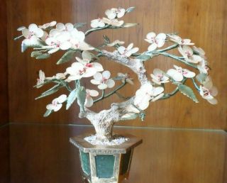 Vintage Jade Tree With Semiprecious Stone Flowers And Leaves
