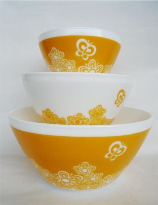 6 - Pc Pyrex Vintage Charm Golden Days Mixing Bowl Set W/ Covers Butterfly Gold