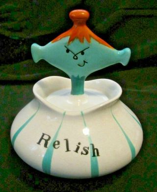 Vintage 1959 Holt Howard Pixieware Ceramic Relish Jar & Spoon